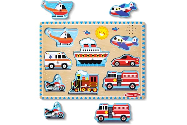 Melissa & Doug Vehicles Sound Puzzle – 8-Piece Wooden Peg Puzzle with Light-Activated Sounds, Music Learning Toy for Toddlers