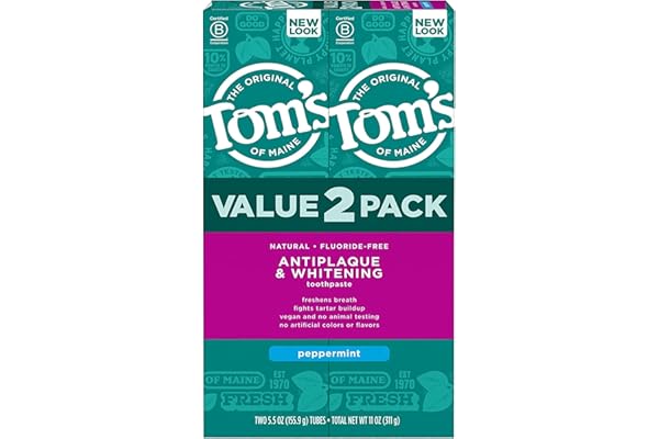 Tom's of Maine Fluoride-Free Antiplaque & Whitening Natural Toothpaste, Peppermint, 5.5 oz. (Pack of 2)