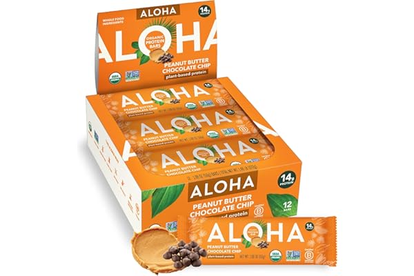 ALOHA Organic Plant Based Protein Bars |Peanut Butter Chocolate Chip | 1.98 Oz (Pack of 12) | Vegan, Low Sugar, Gluten Free,