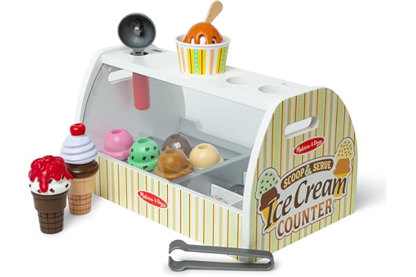 Melissa & Doug Wooden Scoop & Serve Ice Cream Counter, Pretend Play Store, 28 Toy Food & Play Kitchen Accessories, Preschool