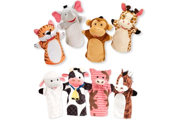 Melissa & Doug Animal Hand Puppets (Set of 2, 4 Animals in Each) - Zoo Friends and Farm Friends
