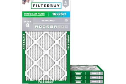 Filterbuy 16x25x1 Air Filter MERV 8 Essential Dust & Allergy Defense (4-Pack), Electrostatic Pleated HVAC AC Furnace Filters