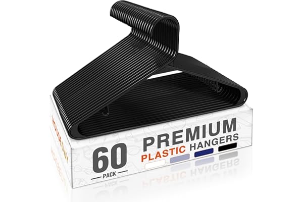 HOUSE DAY Black Plastic Hangers 60 Pack, Clothes Hangers with Non Slip Hooks, Durable & Space Saving Coat Hanger, Light-Weigh