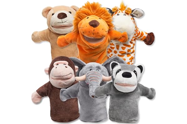 JOYIN 6Pcs Kids Hand Puppet Set with Working Mouth, Toddler Animal Plush Toy Includes Elephant, Giraffe, Lion, Bear, Raccoon