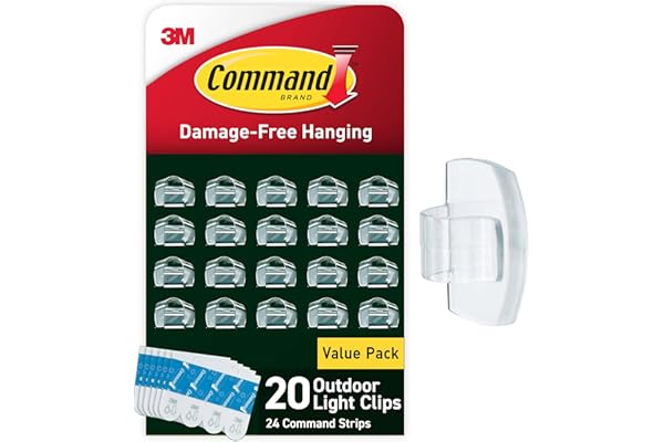 Command Outdoor Light Clips, 20 Clear Clips and 24 Command Strips, Damage-Free Hanging Christmas Decorations with Weather Res