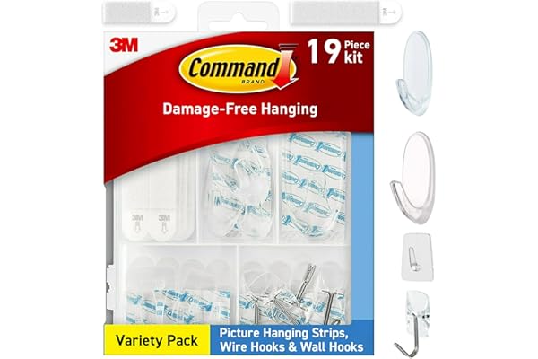 Command Clear Variety Pack, Including 8 Pairs of Picture Hangers, 4 Clear Wire Hooks and 11 Wall Hooks for Hanging Christmas