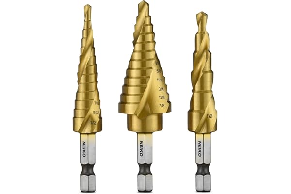 NEIKO 10181A Step Drill Bit Set, 3 Piece, Spiral Grooved for Faster Drilling, Step Bits for Stainless Steel, Metal, Wood, Pla