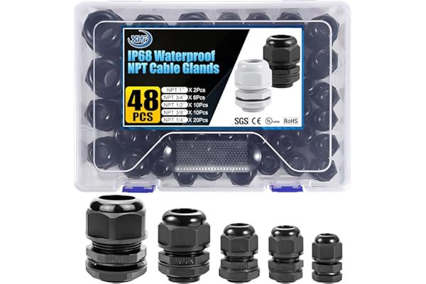 XHF IP68 Nylon Waterproof NPT Cable Glands Assortment 48pcs 1/4", 3/8'', 1/2'', 3/4'', 1'' UL Listed and RoHS Cord Grip Compl