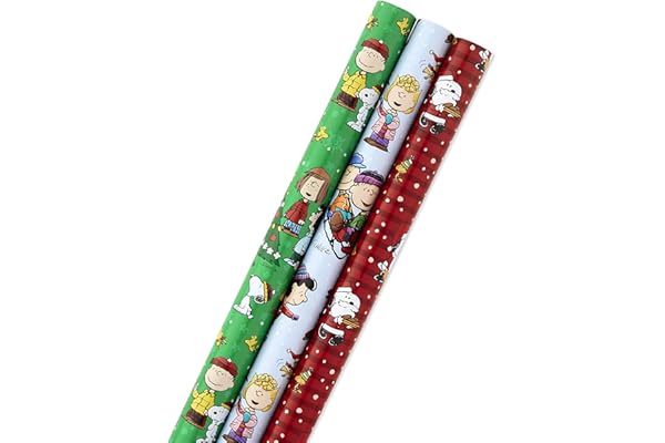 Hallmark Christmas Peanuts Wrapping Paper with Cut Lines on Reverse (Pack of 3, 105 sq. ft. ttl) Snoopy, Charlie Brown, Woods