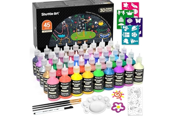 Shuttle Art Fabric Paint Set, 45 Colors 3D Permanent Paint with Brushes Palette Pen Fabric Sheet Stencils