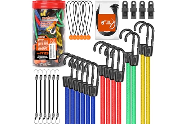HORUSDY 31-Piece Premium Bungee Cords Assortment Jar, Includes 10”,18”,24”,32”,40” Bungee Cords, 6“ Zip Ties, 8”Canopy/Tarp B
