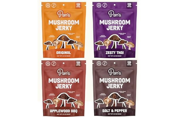 Pan's Mushroom Jerky, Organic, Vegan Snacks, Mushrooms Shitake, Meatless Jerky, Gluten Free, High in Fiber, Variety pack of O