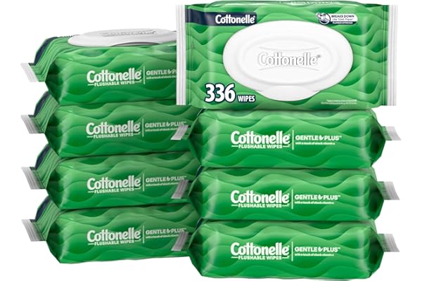 Cottonelle GentlePlus Flushable Wet Wipes with Aloe & Vitamin E, 8 Flip-Top Packs, 42 Wipes Per Pack (336 Total Wipes), Packa