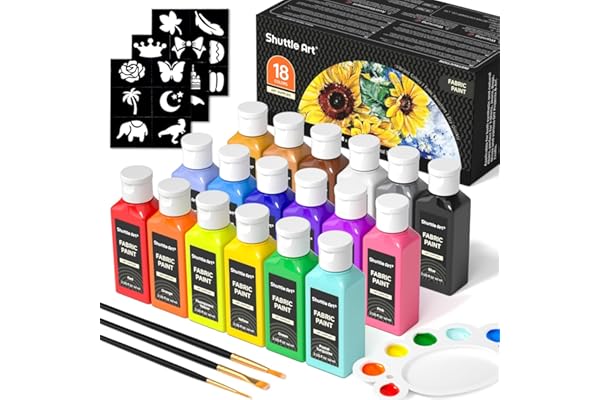 Shuttle Art Fabric Paint, 18 Colors Permanent Soft Fabric Paint in Bottles (60ml/2oz) with Brushes, Palette, Stencils, Non-To