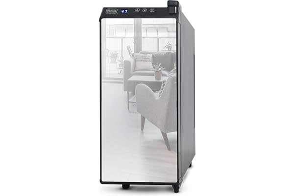 BLACK+DECKER Wine Fridge 12 Bottles, Thermoelectric Wine Cooler Refrigerator with Mirrored Front, Freestanding 12 Bottle Wine