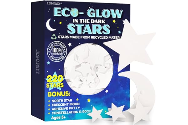 LUMOSX Glow in the Dark Stars for Ceiling – 220pcs Recycled Material Stars with North Star, Moon & Constellation E-Book for K