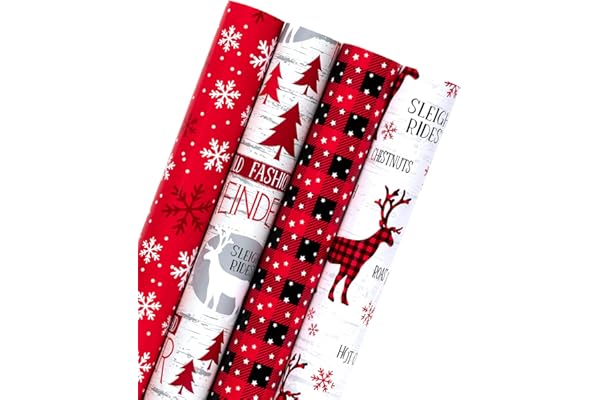 WRAPAHOLIC 30 Inch Christmas Wrapping Paper Roll - Jumbo Roll Rustic Holiday Woodland Scenes - Snowflake, Plaid, Reindeer - 4