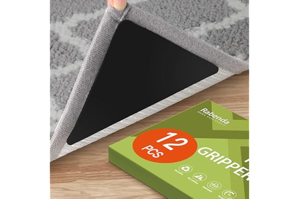 Rabenda 12 Pcs Rug Tape, Non Slip Rug Pads Grippers for Hardwood Floors and Tiles, Reusable Carpet Tape for Area Rugs, Double