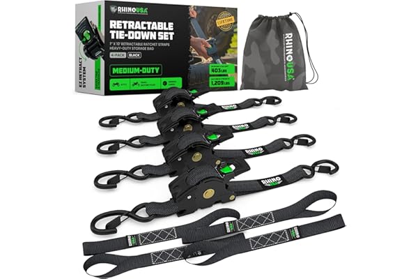 Rhino USA Retractable Ratchet Straps (4-Pack) - 1 Inch x 10 Feet (1,209lb Break Strength) - Auto Self Retracting Tie Down Str