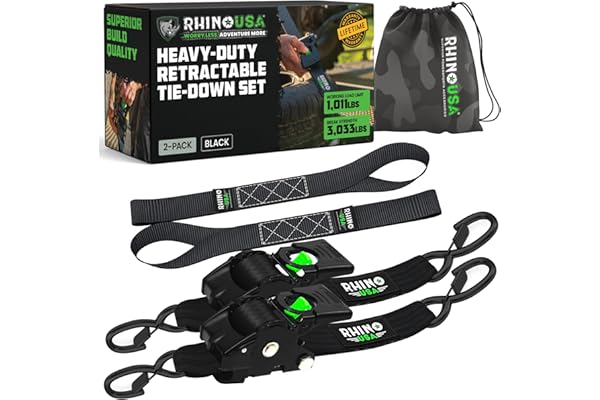 Rhino USA Retractable Ratchet Straps (2-Pack) - 2 Inch x 10 Feet (3,033lb Break Strength) - Heavy Duty Auto Self Retracting T