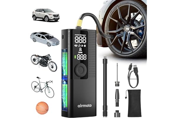 Airmoto Tire Inflator Portable Air Compressor - Air Pump For Car Tires with Digital Pressure Gauge, LED Light and Auto Shut-O