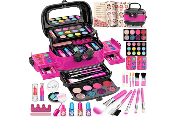 Hollyhi 58 Pcs Kids Makeup Kit for Girl, Princess Toys Real Washable Cosmetic Set with Mirror, Kids Makeup Sets for Girls, Pl