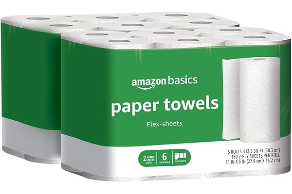 Amazon Basics 2-Ply Flex-Sheets Paper Towels, 12 Basics Rolls = 40 Regular Rolls, Everyday Value with 150 Sheets per Roll, Pa