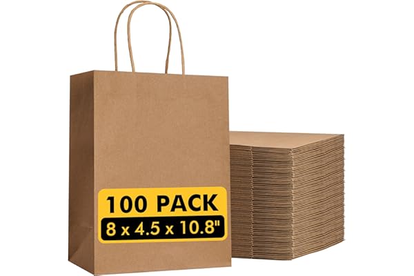 Brown Paper Bags with Handles Bulk 100Pcs 8x4.5x10.8 Inch Gift Bags Bulk, Brown Kraft Paper Bags for Retail, Party, Shopping,