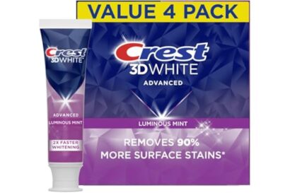 Crest 3D White Advanced Luminous Mint Teeth Whitening Toothpaste, Crest Toothpaste, 3.7 oz Pack of 4 - Helps Remove Surface S