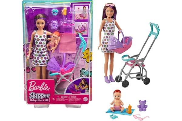 Barbie Skipper Babysitters, Inc. Playset with Skipper Babysitter Doll (Brunette), Stroller, Baby Doll & 5 Accessories, Toy fo