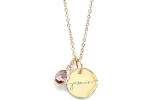 MignonandMignon Birthstone Name Necklace Personalized Gifts for Women Jewelry for Mom Gold Plated Pendant Charm, Custom Grand