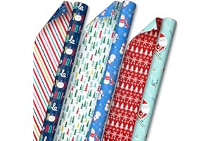 Hallmark Reversible Christmas Wrapping Paper for Kids (3 Rolls: 120 Sq. Ft. Total) Snowmen, Stripes, Trees, Skiing Santa, Zeb
