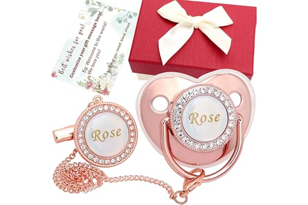 Personalized Pacifier Set with Name, BPA Free, Bling Gold Silver Pink Rose Gold Luxurious Ideal Gift for Newborns (Rose Gold)