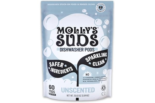 Molly's Suds Dishwasher Pods | Clean Dishwasher Detergent, Cuts Grease & Rinses Clean (Residue-Free) for Sparkling Dishes | 6