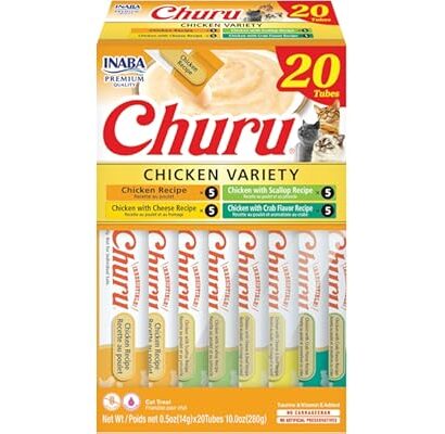 INABA Churu Cat Treats, Lickable, Squeezable Creamy Purée Cat Treat with Green Tea Extract & Taurine, 0.5 Ounces Each Tube, 2