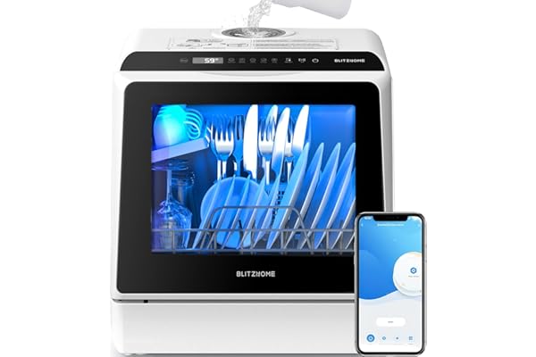 BLITZHOME Portable Dishwasher Countertop, WIFI Smart Dishwasher, Compact Dishwashers with 5L Built-in Water Tank, 6 Programs,