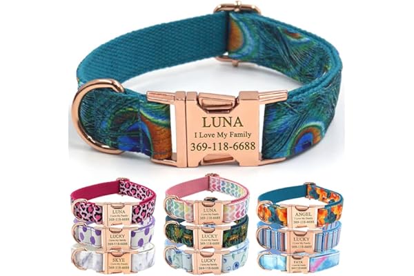 PETDURO Personalized Dog Collar Peacock Print with Name & Phone Number Engraved on Rose Gold Metal Buckle for Large Medium Bo