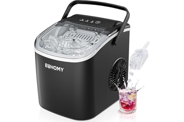 EUHOMY Countertop Ice Maker Machine with Handle, 26lbs in 24Hrs, 9 Ice Cubes Ready in 6 Mins, Auto-Cleaning Portable Ice Make