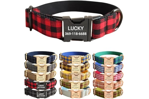 PETDURO Personalized Buffalo Plaid Dog Collar Red Black - Engraved Name and Phone Number on Black Metal Buckle - Custom for S