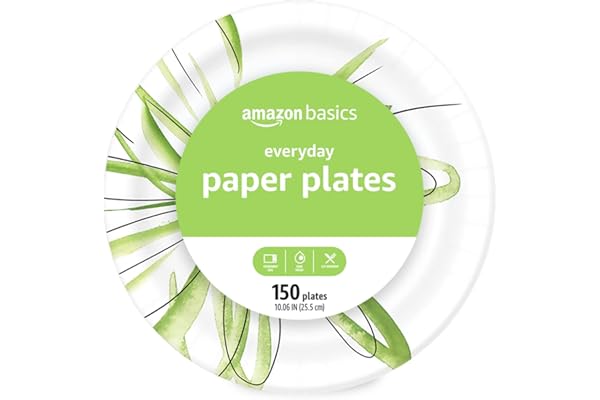 Amazon Basics Everyday Paper Plates, 10 Inch, Disposable, 150 Count