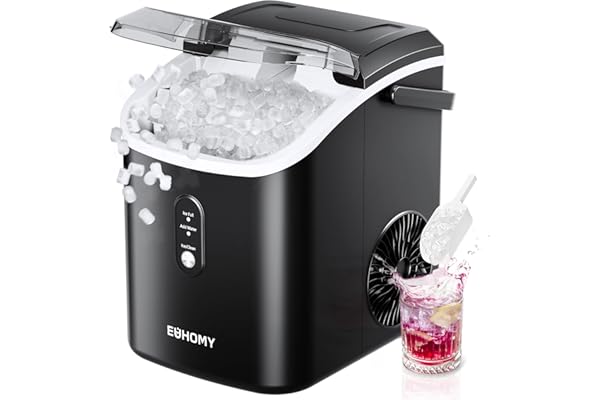 EUHOMY Nugget Ice Maker Countertop with Handle, Ready in 6 Mins, 34lbs Per Day, Removable Top Cover, Auto-Cleaning, Portable