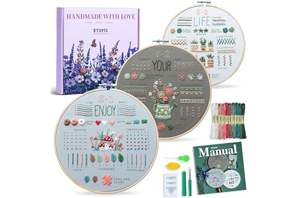 ETSPIL Embroidery Kit for Adult Beginners, 3-Pack 33-Stitch Practice Samplers, Pre-Stamped Patterns, 7.8-Inch Hoop, Threads &