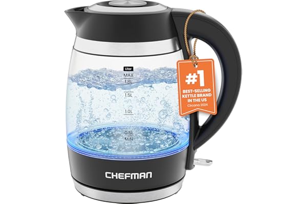 Chefman Electric Kettle, 1.8L 1500W, Hot Water Boiler, Removable Lid for Easy Cleaning, Auto Shut Off, Boil-Dry Protection, S