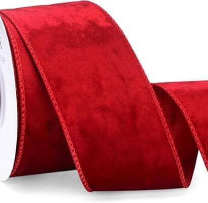 Ribbli Red Velvet Wired Ribbon 2.5 Inch Metallic Red Crushed Velvet Christmas Ribbon for Gift Wrapping Christmas Tree Decorat