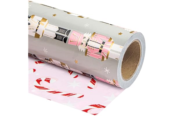 WRAPAHOLIC Reversible Nutcracker Christmas Wrapping Paper - Mini Roll - 17 Inch x 33 Feet - Nutcracker and Candy Cane Design