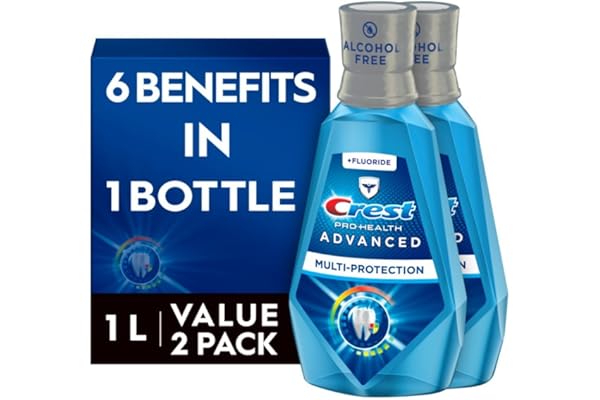 Crest Pro-Health Advanced Mouthwash, Alcohol Free, Multi-Protection, Fresh Mint, 1 L (33.8 fl oz), Pack of 2, Blue
