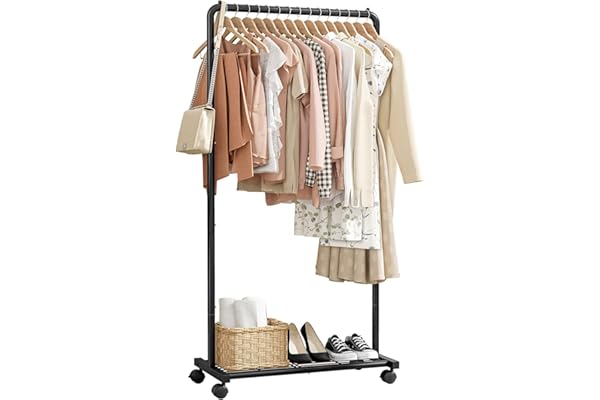 Sakugi Clothes Rack - Clothing Rack with Storage Mesh Shelf & Casters, Heavy-Duty Metal Clothing Rack for Hanging Clothes, Dr