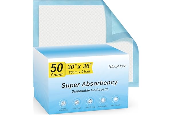 Wowflash Super Absorbency Disposable Leakproof Underpads with Quick Drying for Baby, Adults, Puppy, Dog Bed Pee Pads, Extra L