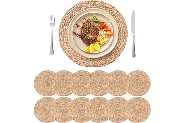 13.5'' Round Woven Placemats Set of 12, Boho Rattan Chargers for Dinner Plates, Rustic Wicker Place Mats, Straw Braided Table