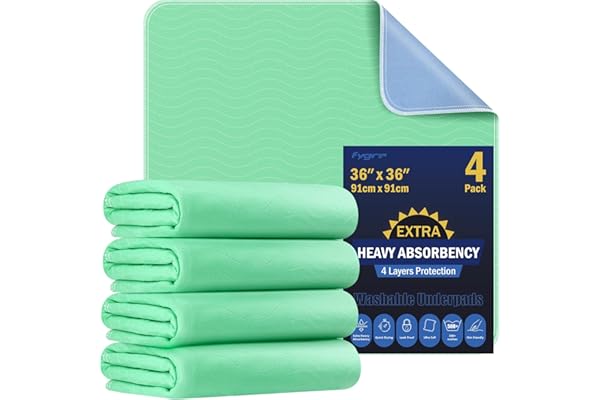 FYGRIP 4 Pack 36” x 36” Extra Heavy Absorbency Washable Underpads, Waterproof Quick Drying Nursing Incontinence Reusable Wash